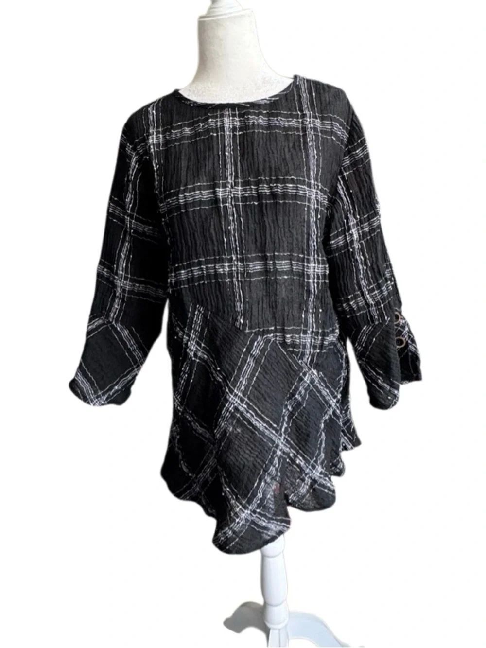 Habitat Black White Plaid Tunic Top Linen Artsy Shabby Chic SZ M